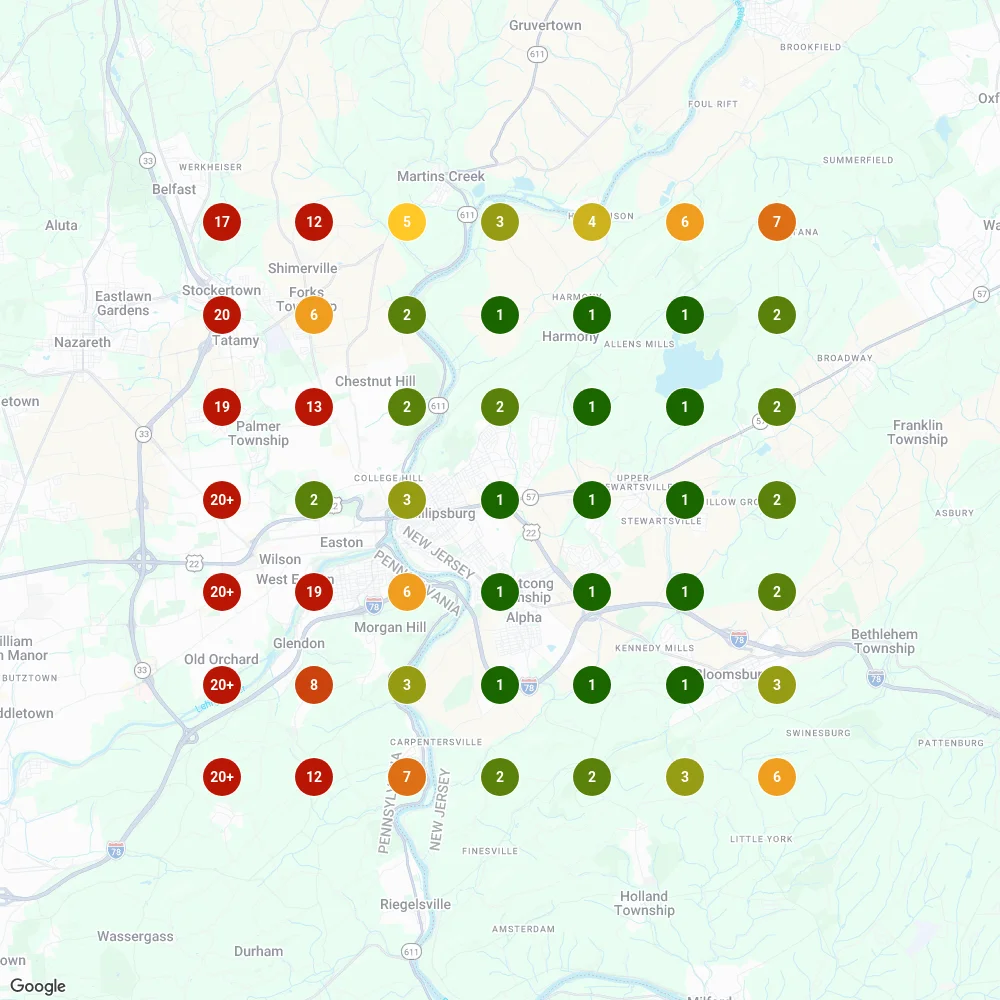 Local Falcon Google Maps grid for cpa near me around Phillipsburg, NJ: Gould Blake ranks #1 at 14 of 49 points and in the top three at 29