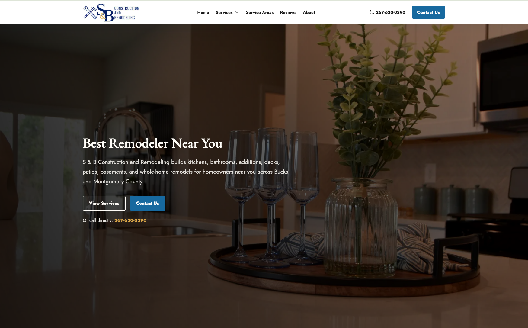 Screenshot of S&B Construction & Remodeling’s website with the Best Remodeler Near You homepage
