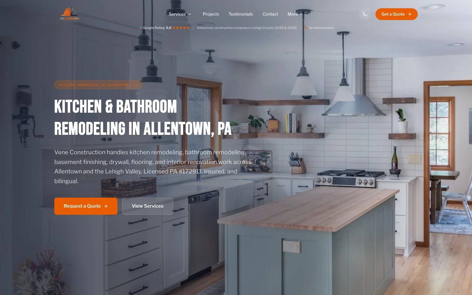 Screenshot of Vene Construction’s website
