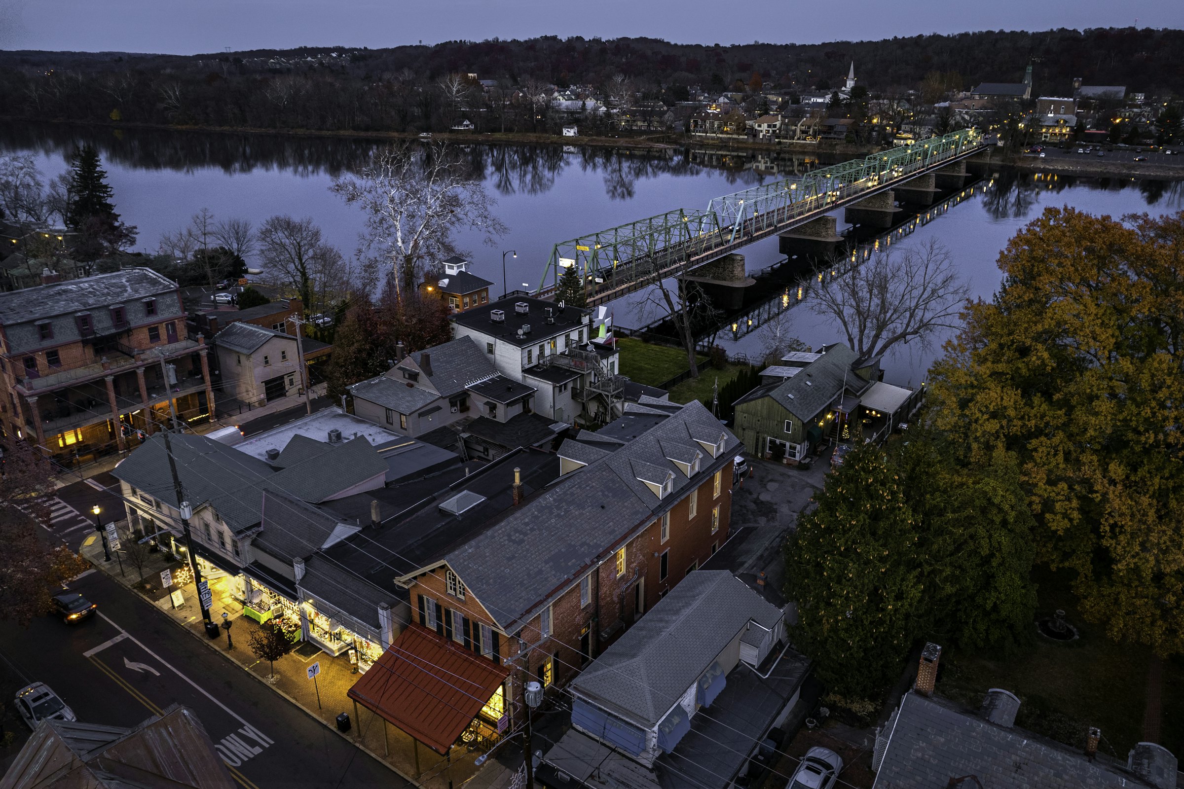 Aerial view of New Hope, Pennsylvania, Lambertville, New Jersey, and the Delaware River