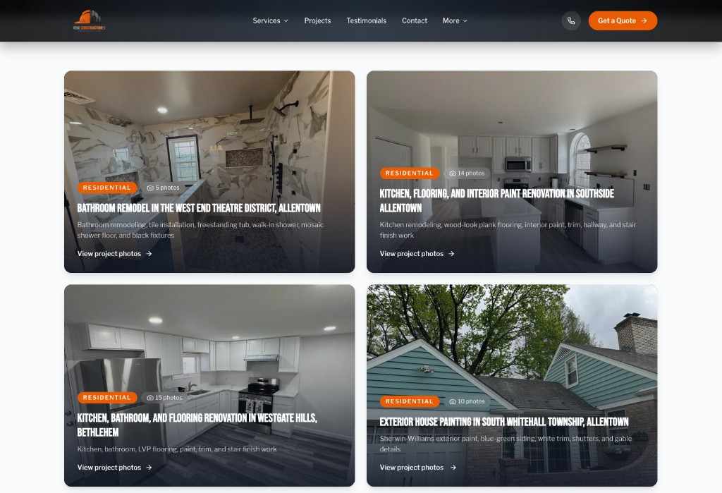 Screenshot of the Vene Construction LLC Projects page: a grid of named project cards with locations, scopes, and photo counts.