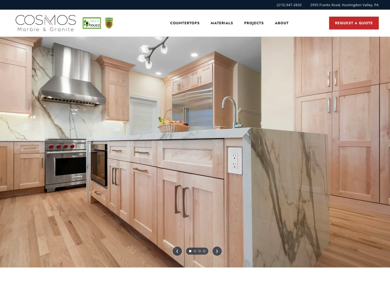 Cosmos homepage after the redesign, with simplified navigation and a full-width project photo