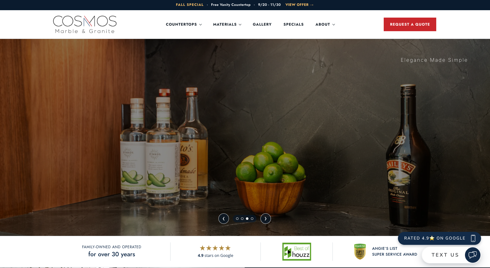 Cosmos website featuring a stone countertop and backsplash, quote request and customer reviews