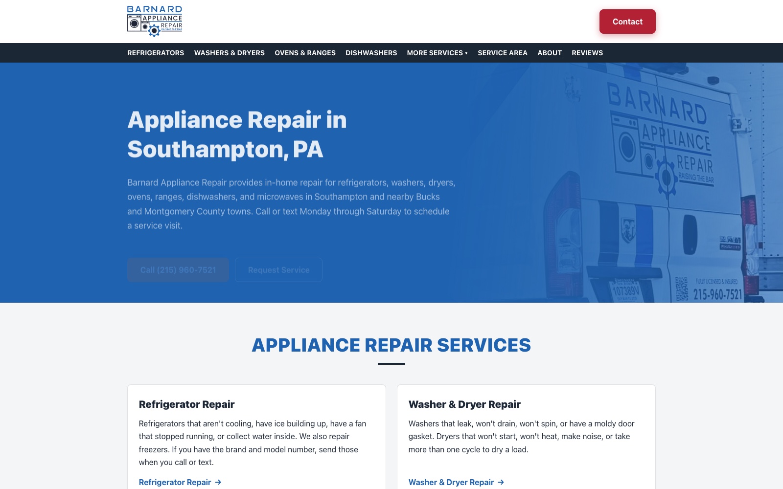 Homepage of the Barnard Appliance website