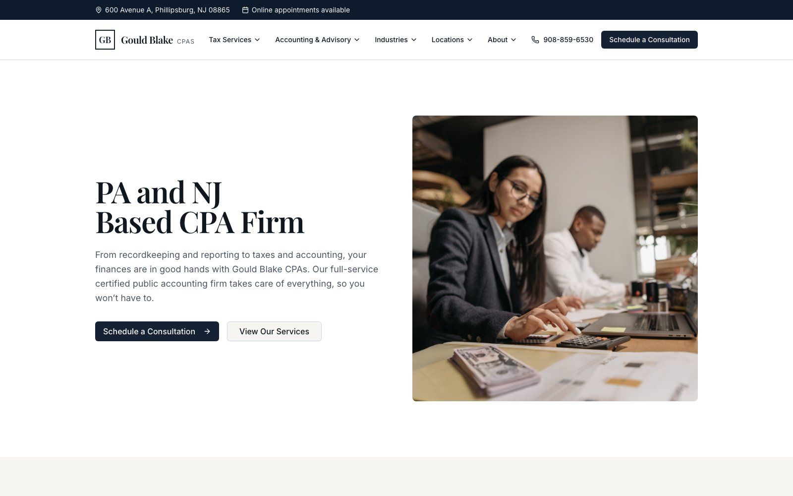 Homepage of the Gould, Blake & Company CPAs website