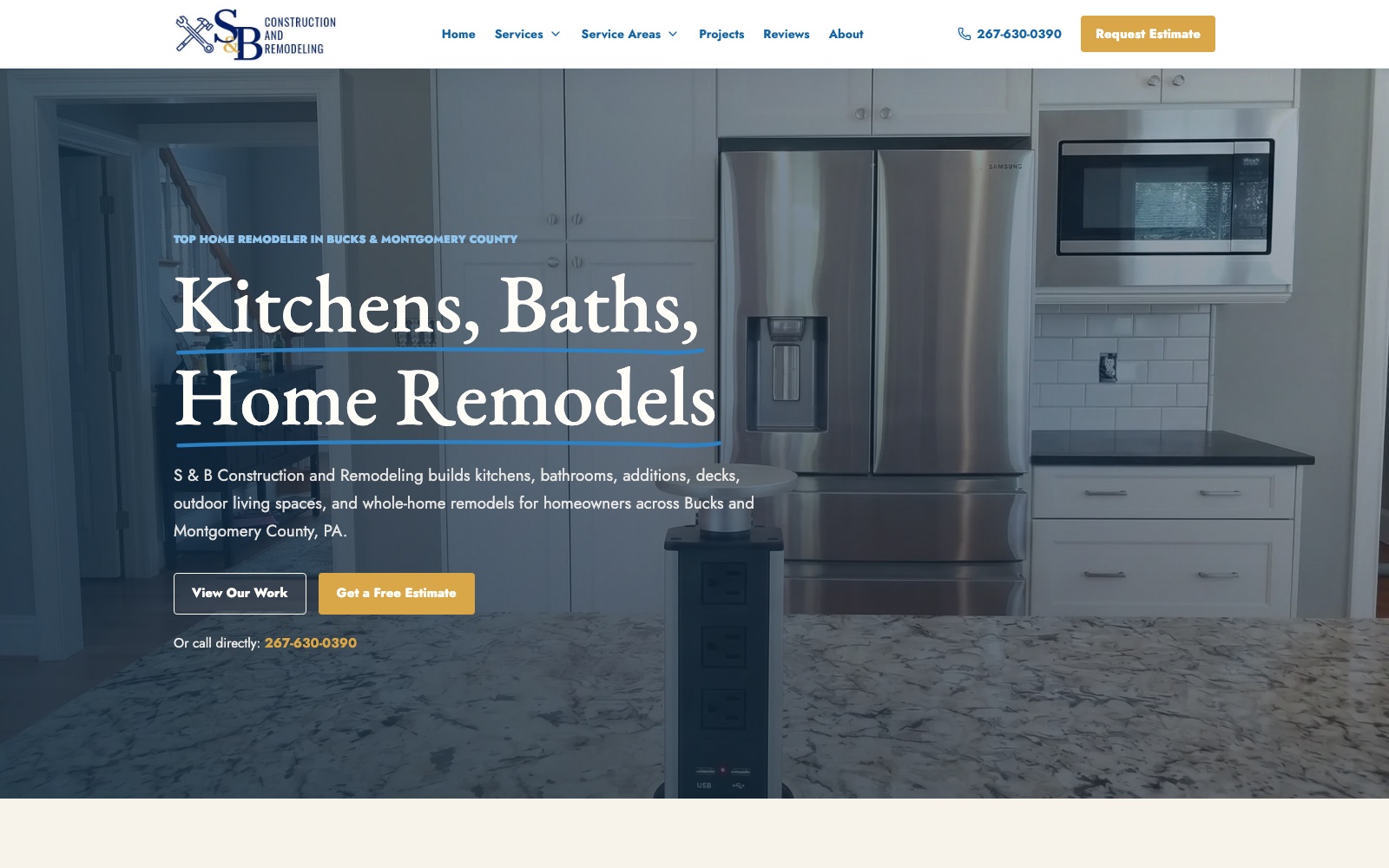 Homepage of the S&B Construction and Remodeling website