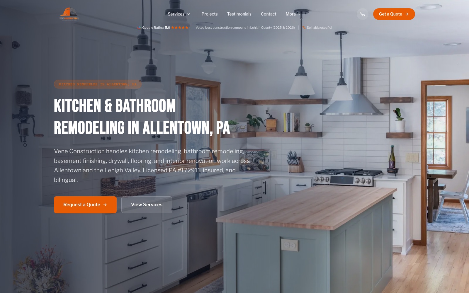 Homepage of the Vene Construction website